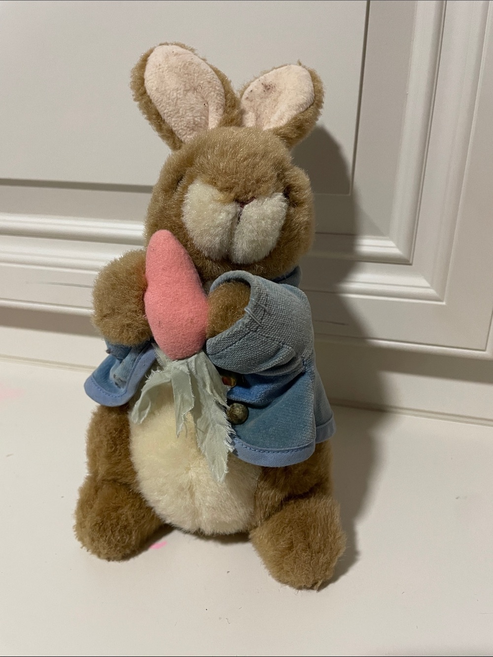 Brown Plush Bunny with Pink Carrot and Blue Jacket - Kids Stuffed Animal